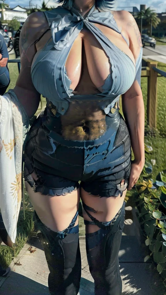 (Real anime age: 42 yo MILF), best quality,masterpiece,8k wallpaper,absurdres, highres, ultra detailed, (1 beautiful milf, solo:1.1),eula_in_genshin, cowboy shot, 1girl, (blue short hair:1.5), (fleshy thicc body), (I have thicc arms:1.75), breedable hips, (I'm walking on steep road), cool & collected, (black hairband),a leotard with a white top and black bottom, sleeveless, blue necktie, jewelry on the shoulder, full body,outdoors, world of Tevyat from Genshin Impact, hillichurl's camp, grass field, green plants, flowers,BREAK