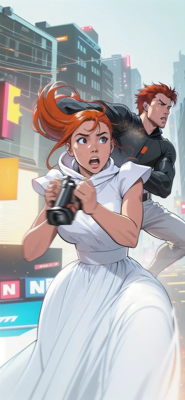 Close up image of 2 subjects, 1girl with auburn colored hair, wearing long sleeve white dress with hood, (running towards camera), (woman looks scared), frightened, running for her life, running away from man wearing armor, getting grabbed by man, down a dirty city alley, futuristic city at (night:1.4), blue and yellow neon signs, chase scene, action scene, thick outlines, comic book style, dynamic camera angle, realistic skin, realistic hands, perfect hands, action lines, motion blur background
