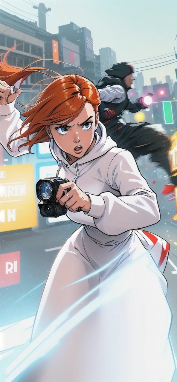 Close up image of 2 subjects, 1girl with auburn colored hair, wearing long sleeve white dress with hood, (running towards camera), (woman looks scared), frightened, running for her life, running away from man wearing armor, getting grabbed by man, down a dirty city alley, futuristic city at (night:1.4), blue and yellow neon signs, chase scene, action scene, thick outlines, comic book style, dynamic camera angle, realistic skin, realistic hands, perfect hands, action lines, motion blur background