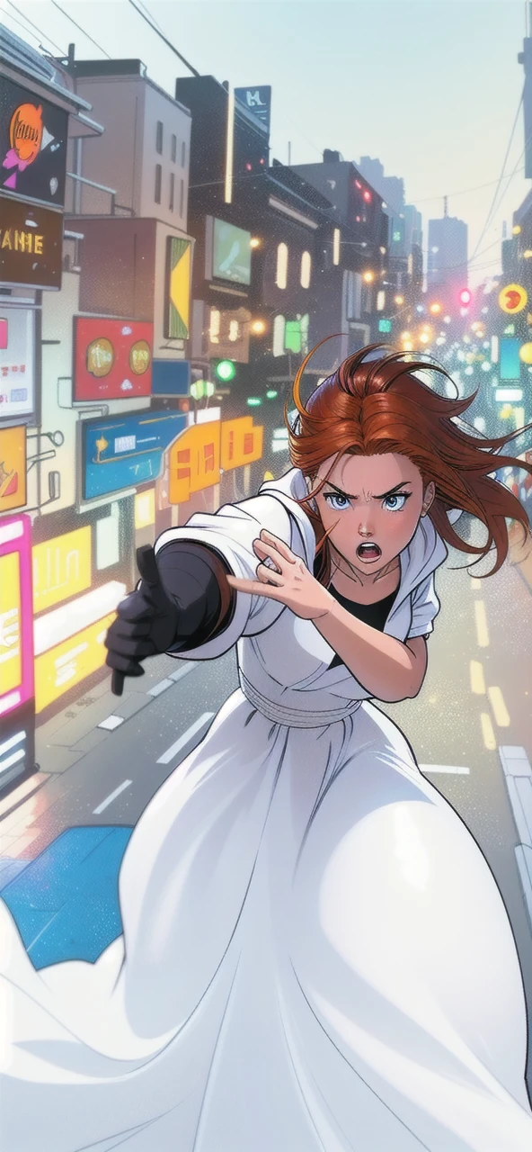 Close up image of 2 subjects, 1girl with auburn colored hair, wearing long sleeve white dress with hood, (running towards camera), (woman looks scared), frightened, running for her life, running away from man wearing armor, getting grabbed by man, down a dirty city alley, futuristic city at (night:1.4), blue and yellow neon signs, chase scene, action scene, thick outlines, comic book style, dynamic camera angle, realistic skin, realistic hands, perfect hands, action lines, motion blur background