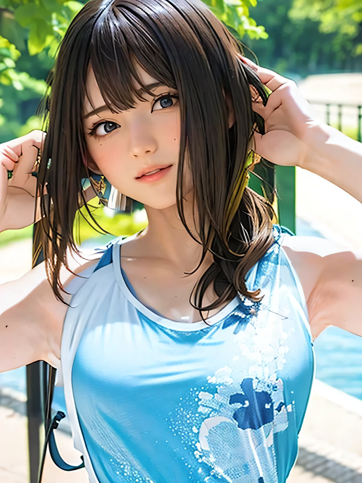 1girl, woman, 20 years old woman, girl in summer clothes, beautiful, medium breasts, flirtatious look, ((very detailed)), photorealistic image, high res, ((tanktop jersey:1.78)), looking at viewer:1.8, (1girl eyes looking at viewer:1.55), camisole, Plain costumes, Simple Background, Emphasis on the chest, Hands behind the body, White outfit, whole body, Raise your arms and show your armpits, show your armpits, photorealistic, (bokeh), best quality, 8k, UHD