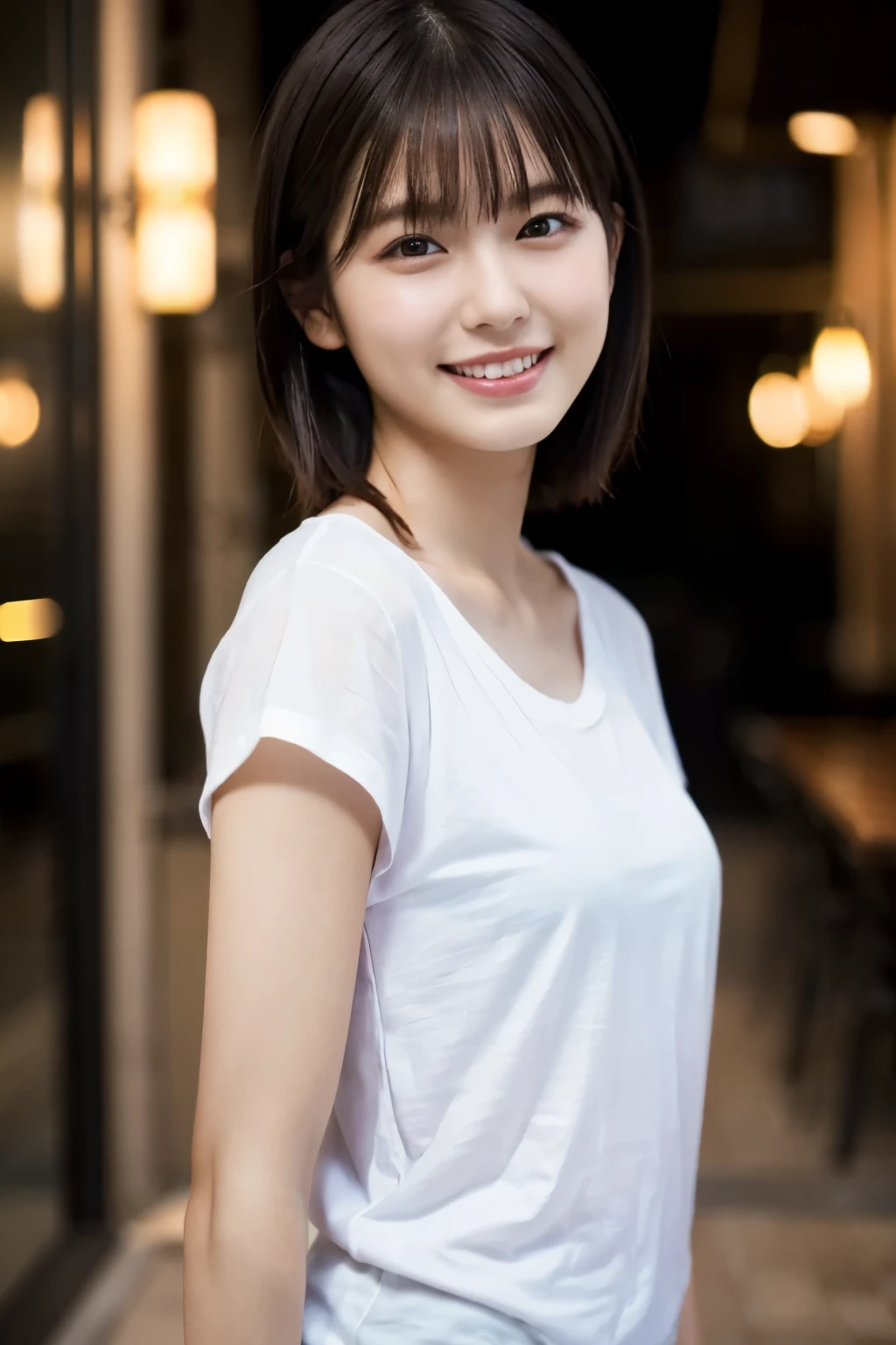 1 Girl, (Wearing a white T-shirt:1.2), Very beautiful Japanese idol portraits, 
(RAW Photos, Highest quality), (Realistic, Realistic:1.4), (masterpiece), 
Very delicate and beautiful, Very detailed, 2k wallpaper, wonderful, finely, Very detailed CG Unity 8K wallpaper, Very detailed, High resolution, Soft Light, 
Beautiful detailed girl, Very detailed目と顔, Beautiful and sophisticated nose, Beautiful and beautiful eyes, Cinema Lighting, 
(Fashion magazine photography:1.3), (Outdoor), (Downtown lights), 
(short hair), 
Complete Anatomy, Slender body, Small breasts, smile