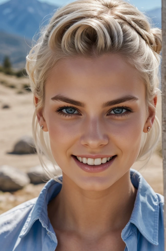 gorgeous, beautiful, 21 years old scandinavian, white hair in a bun, best portrait photo ever, men magazine portrait, beautiful smile, perfect teeth, seductive, flirty, face photo, best mountain tourist attraction background in summer, smiling, beautiful blue shirt, detailed skin, realistic, photo-realistic, 8k sharp focus, highly detailed, full length frame, High detail RAW color art, piercing, diffused soft lighting, shallow depth of field, sharp focus, hyperrealism, cinematic lighting