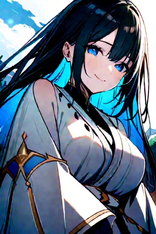 in 8K、top-quality、masterpiece:1.2)、One woman、(Smiling smile:1.1)、beautidful eyes、Valley、The upper part of the body、shorth hair、Like a boy、Colossal 、Blue View、