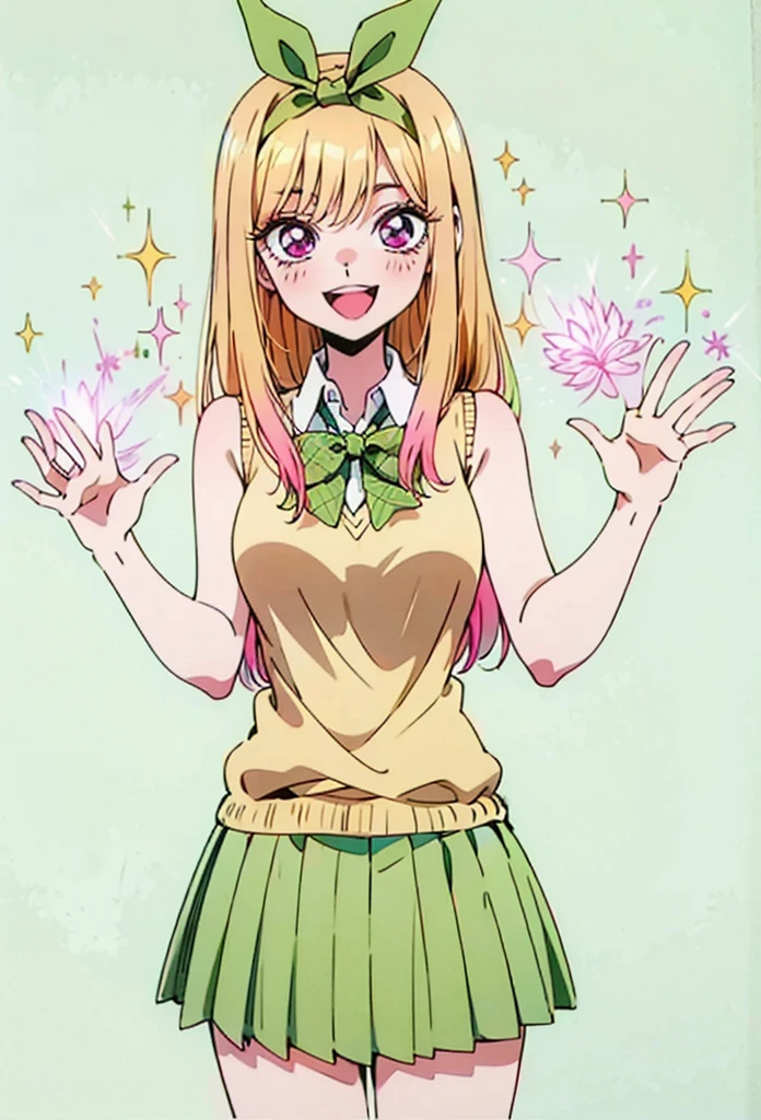 Marin kitagawa, long hair, marin drssed up as Yotsuba Nakano, long blonde hair with pink ends, sparkling pink eyes, sweet face, cheery, playful happy face, lovely, 4k, perfect quality, excellent fusion, excellent character design, green ribbon, sleeveless yellow sweater, collared white short sleeved shirt, green bow tie, green pleated skirt, bright colors, pastel coloured image, vivid colours, light colours, simple background, magic hill background, splendid nature, natural light, daylight, full body, full shot, dinamic pose, extremely detailed, clean lineart, neat, smile