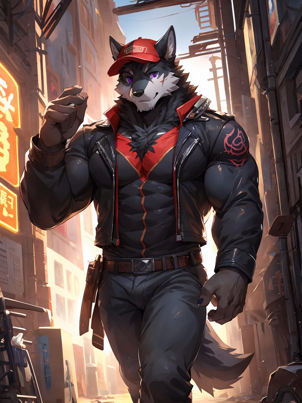 embedding:Black wolf,male, Purple eyes,Scar on the face, Single Person,black fur.The chest and abdomen are white fur.A film actor,in the movie set.Wear casual clothes.Wearing a cap,Tattoo,Adult male,strong,Handsome,Confident,Young,Muscular,Tall,Best quality hands, best quality eye,detailed fur,Delicate eyes.Extreme picture quality,by sollyz,by zixiong,by null_ghost