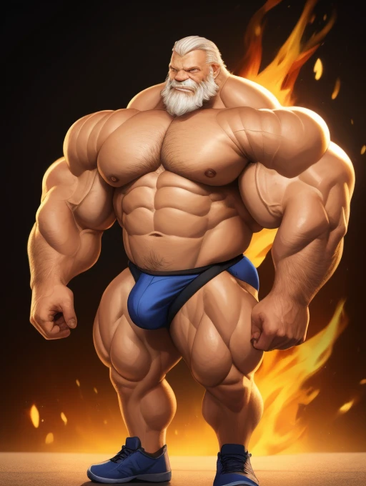 solo, 1boy, perfect anatomy, ground view, wrinkles skin, low shoot, down view, perfect proportional, thick body, thick thighs, big eyes, smile, perfect fingers, big hand, fingers. Huge Muscular Old man with short hair, shoes ,(jockstrap, bulge), view from side, pectoral, thick arms, huge pectoral, wide pectoral, white hair, white beards, fire background, VFX fire, masterpiece, semirealistic:1.2, high detailed, 8k, high resolution, perfect center, full view. ((really big muscle, massive muscular, sixpack, thick arms, wide pectoral, super huge muscle, hyper muscular, over sized muscle, huge arms, big arms, huge pectoral))