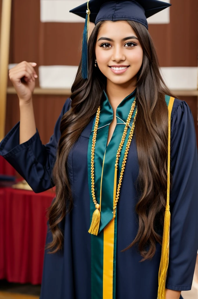 age 25, long hair, hispanic, brown eyes, full body, conservative clothing, intelligent, realistic, at graduation holding degree