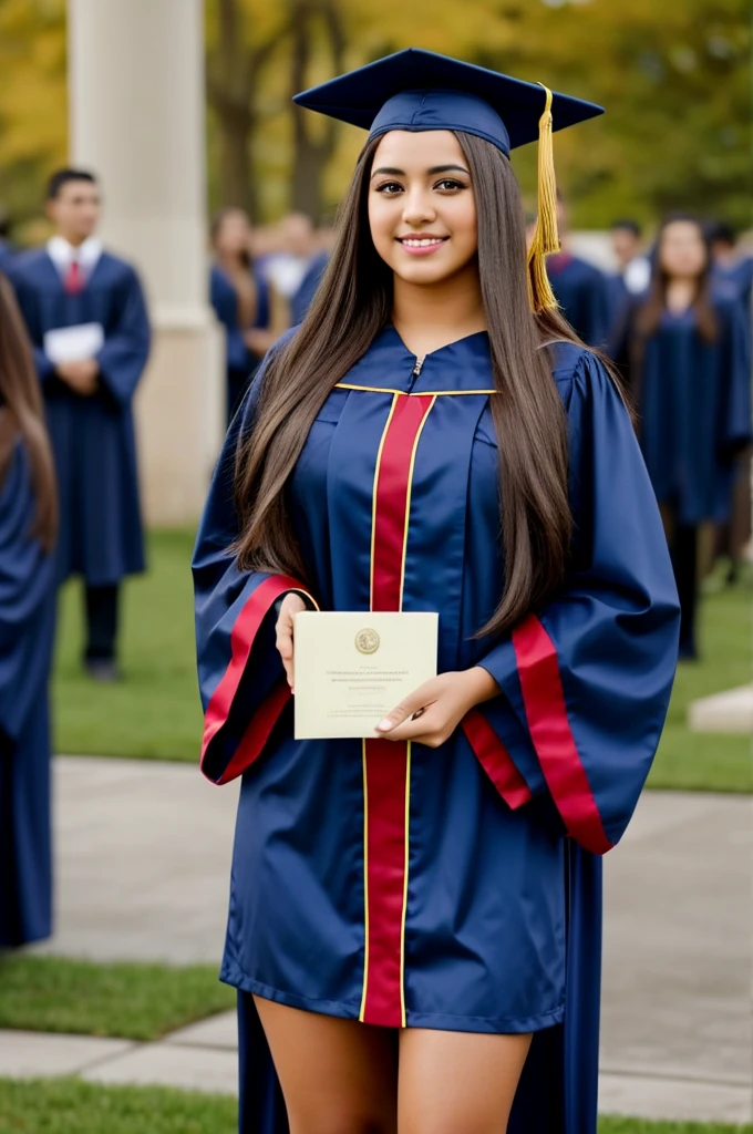 age 25, long hair, hispanic, brown eyes, full body, conservative clothing, intelligent, realistic, at graduation holding degree