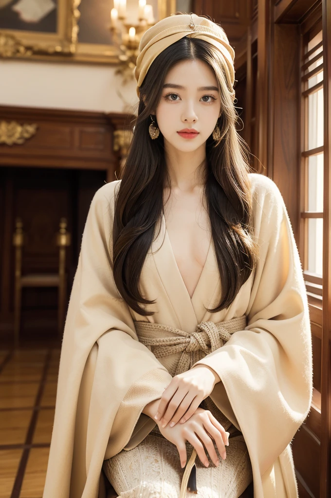(((best quality))),(((ultra detailed))),(((masterpiece))),illustration,((1 young girl,solo)),((slim,thin)),((small breasts,flat chest)),stunning,((Turban,formal doctoral robe)),((shoulder length straight hair)),academic, authority, wisdom, hood, intricate patterns, peaceful, focused, radiant smile, sparkling eyes, rolled-up speech, poise, stage lights, aura of charisma, auditorium, high ceiling, rows of chairs, reverence, expectation, esteemed professors, scholars, traditional, academic excellence, stage, rich curtains, sharing knowledge, sense of occasion, large clock, ornate, passing of time, soft murmur, pride, celebration, accomplishment, doctoral hood, hard work, dedication, contribution, field, triumph, recognition, academic achievement, pursuit of knowledge, beauty, inspiration, success