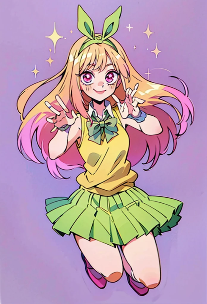 Marin kitagawa, long hair, marin drssed up as Yotsuba Nakano, long blonde hair with pink ends, sparkling pink eyes, sweet face, cheery, playful happy face, lovely, 4k, perfect quality, excellent fusion, excellent character design, green ribbon, sleeveless yellow sweater, collared white short sleeved shirt, green bow tie, green pleated skirt, bright colors, pastel coloured image, vivid colours, light colours, simple background, magic hill background, splendid nature, natural light, daylight, full body, full shot, dinamic pose, extremely detailed, clean lineart, neat, smile