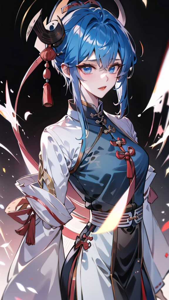 Masterpiece, Best quality, 1 Tang Wu Tong, the expression is cold, strong, blue eyes, short hair, wolfcut hairstyle, smoky mix blue color hair, resolute eyes, red lips, simple Taoist Taoist uniform, Chinese mix morden, frontal photo, black or white background, simple background, anime, illustration, hafl body, Chinese style short-sleeved shirt, cool girl
