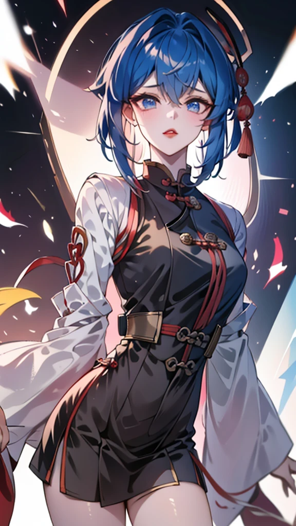 Masterpiece, Best quality, 1 Tang Wu Tong, the expression is cold, strong, blue eyes, short hair, wolfcut hairstyle, smoky mix blue color hair, resolute eyes, red lips, simple Taoist Taoist uniform, Chinese mix morden, frontal photo, black or white background, simple background, anime, illustration, hafl body, Chinese style short-sleeved shirt, cool girl