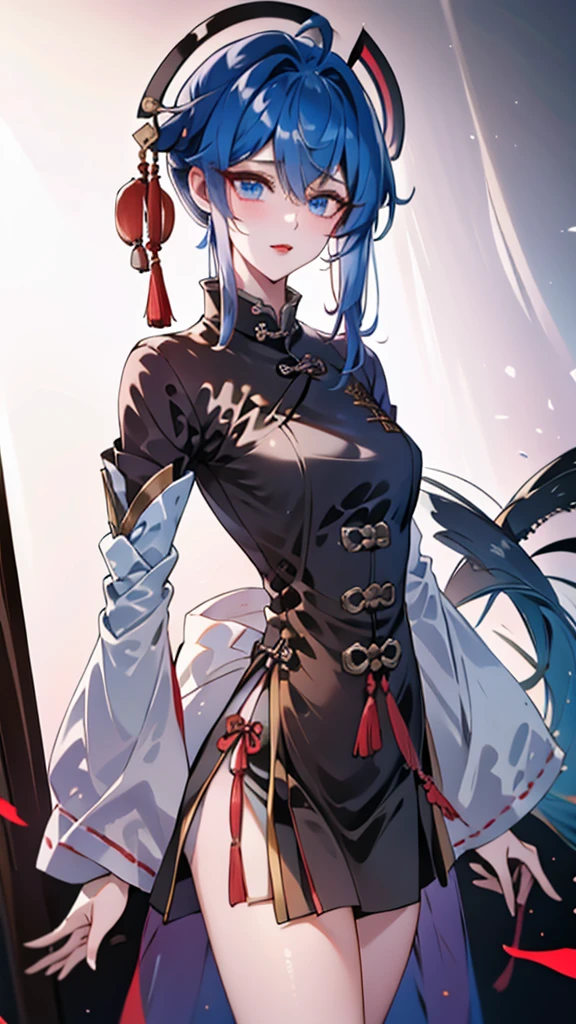 Masterpiece, Best quality, 1 Tang Wu Tong, the expression is cold, strong, blue eyes, short hair, wolfcut hairstyle, smoky mix blue color hair, resolute eyes, red lips, simple Taoist Taoist uniform, Chinese mix morden, frontal photo, black or white background, simple background, anime, illustration, hafl body, Chinese style short-sleeved shirt, cool girl