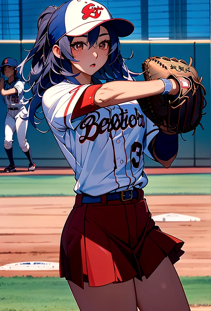 Highest quality、Great visuals、High resolution、High resolution、（high school girl）（Red belly-baring T-shirt）（Black Mini Skirt）（Tall and slim、Long limbs）（sexy baseball uniform） (Catching the ball with a baseball glove in the right hand) (The grounds watched by spectators)、(Shortstop catching a baseball) (美しいアジアのbaseball player)、(woman) baseball player)、Long silver hair、Sports photography、(Perfect Face)、(Super beautiful) ) (女子baseball player)（Baseball defense）（Dynamic Movement）