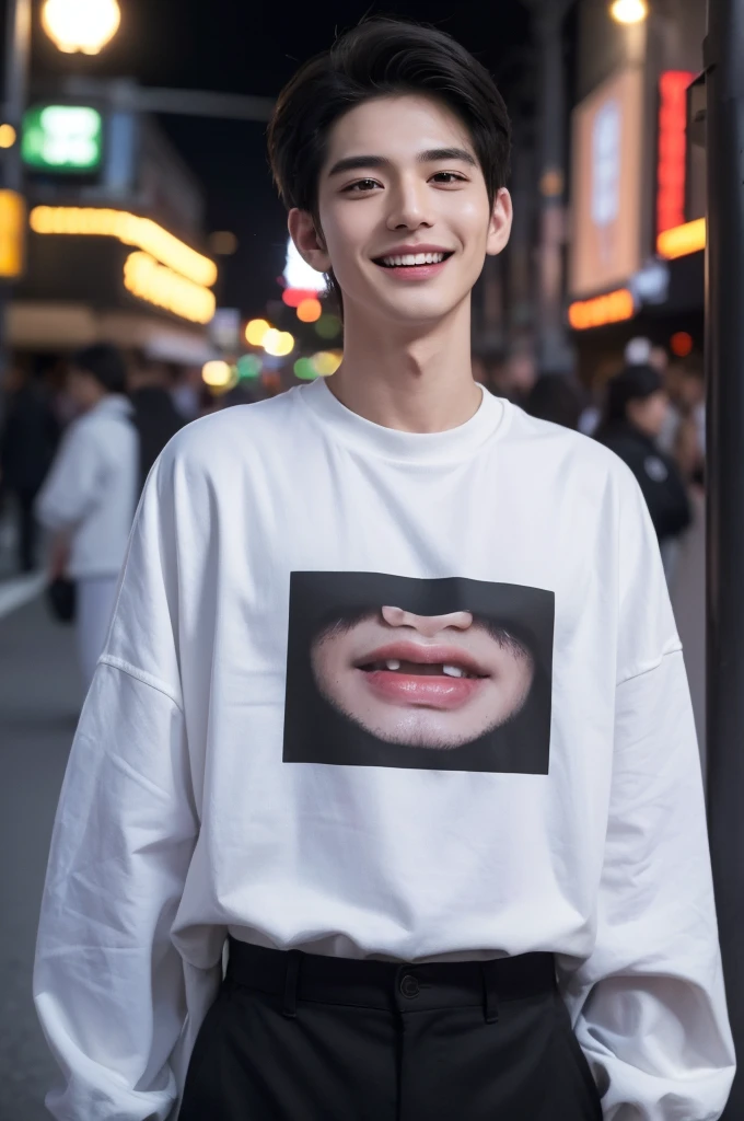 ((highest quality, 8K, masterpiece: 1.3)), New York City、Handsome boy in street fashion:1.5, 28-year-old、Delinquent boy、 well-groomed face, black hair、thin face、(white skin:1.5)、whole body、black eyes、boy sad、Super handsome、sexy eyes、Extra-fine face, handsome nose, small eyes and face, beautiful lighting, High resolution, detailed mouth, laughing out loud, Laughter、Delighted、whole body: 1.5, perfect body shape、super slim,medium hair、STUSSY clothes、Oversized clothes、same clothes