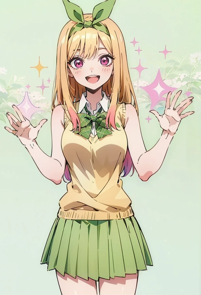 Marin kitagawa, long hair, marin drssed up as Yotsuba Nakano, long blonde hair with pink ends, sparkling pink eyes, sweet face, cheery, playful happy face, lovely, 4k, perfect quality, excellent fusion, excellent character design, green ribbon, sleeveless yellow sweater, collared white short sleeved shirt, green bow tie, green pleated skirt, bright colors, pastel coloured image, vivid colours, light colours, simple background, magic hill background, splendid nature, natural light, daylight, full body, full shot, dinamic pose, extremely detailed, clean lineart, neat, smile