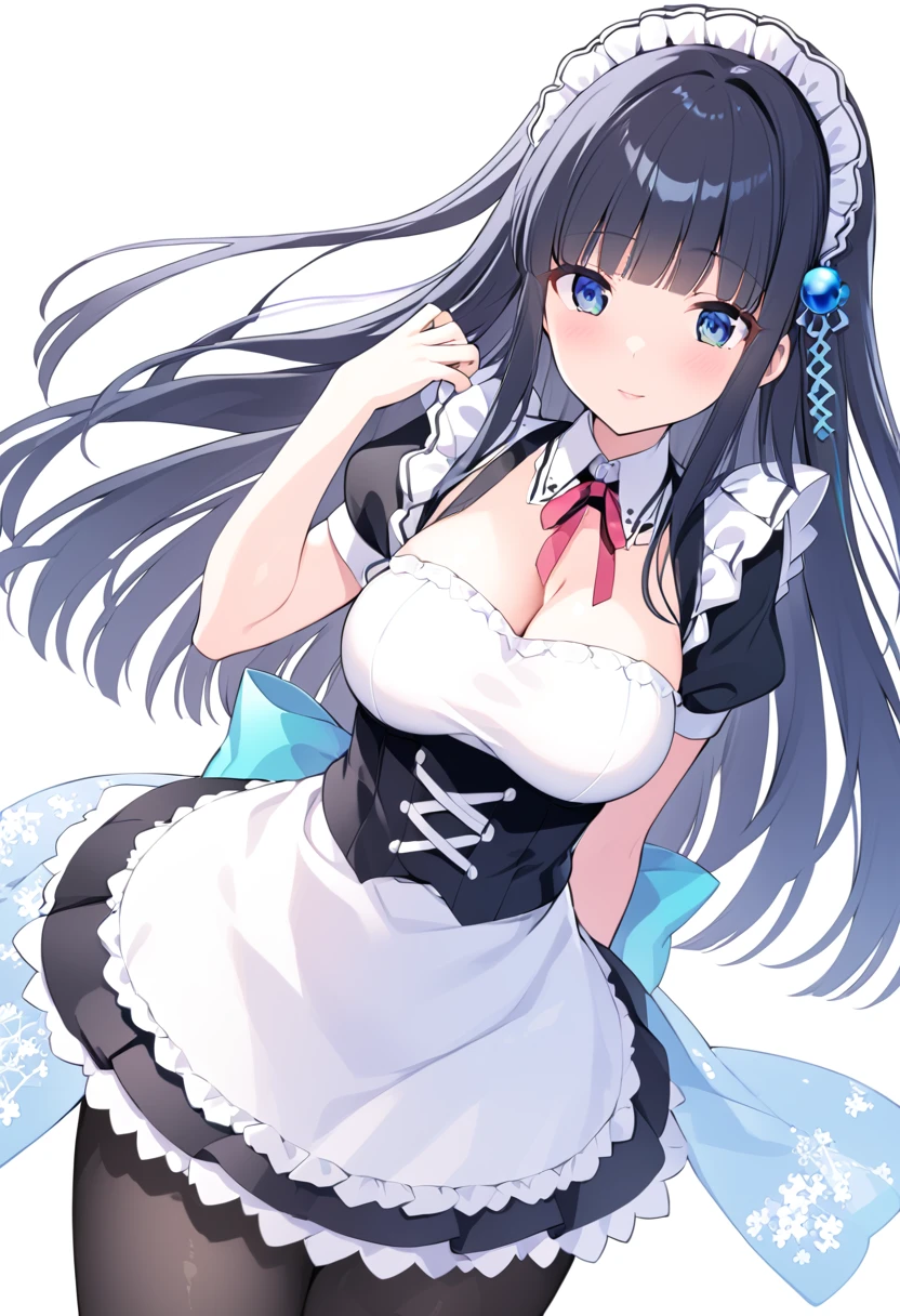 Shiba Miyuki, Black Hair, blue eyes, Long Hair, hair ornaments, Blunt bangs first high, Black Pantyhose, Maid clothes  ,Large Breasts ,mini skirt , One girl, 