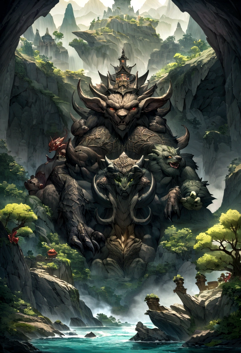 black bear cave,Chinese landscape style,black and green,HD 4K,There are mountains and waters,There is a black bear goblin in front of the cave entrance,Looks very vicious and vicious,A little more detail,richer,