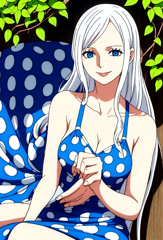 Woman (45 years old), platinum white wavy hair, blue eyes, wearing polka dot sun dress, smiling in a sunny day