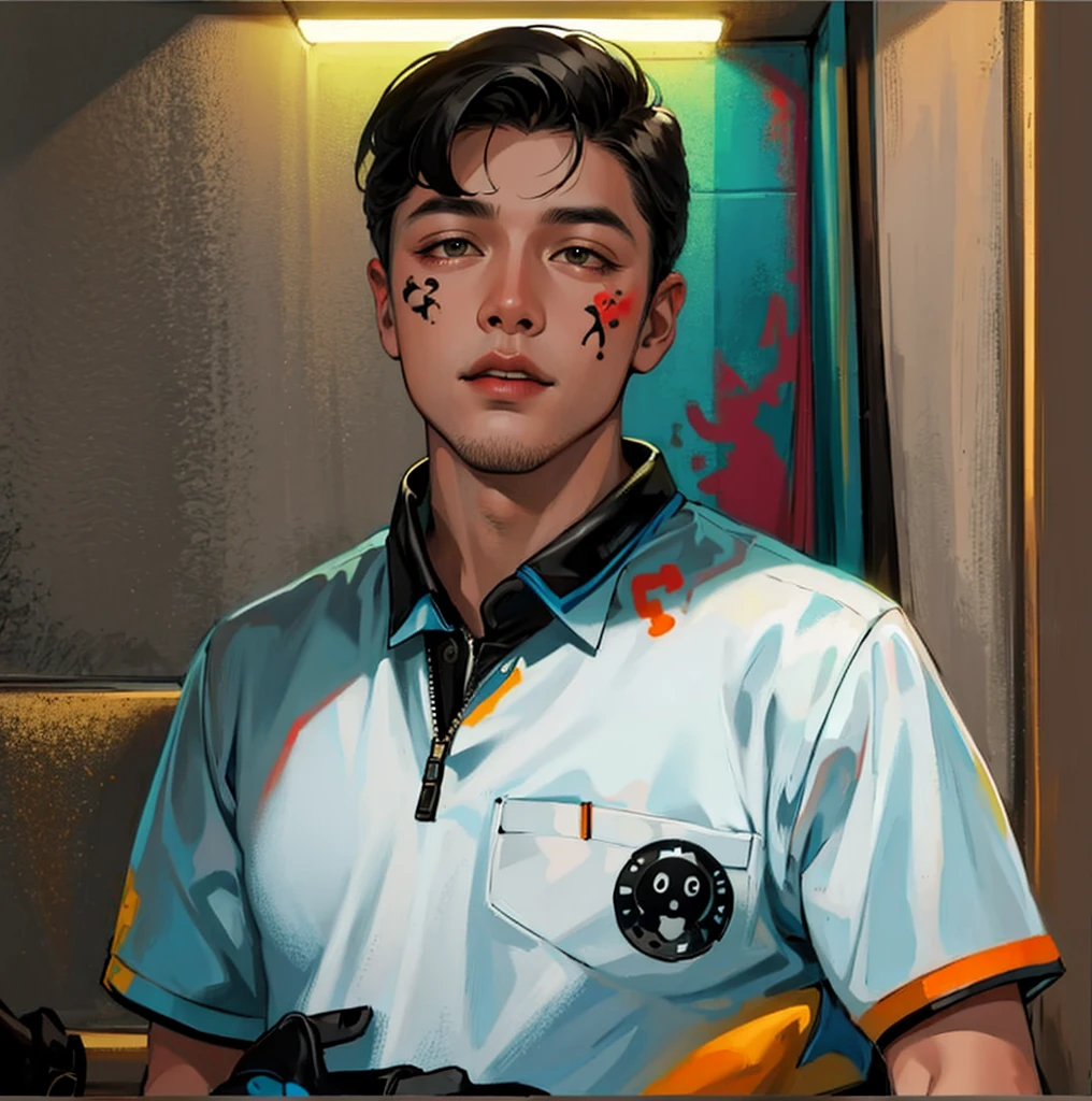 HD, (Best details) (best quality), Alfie man wearing sunglasses sitting on sofa chair, (((Graffiti Art))), (((Trigger Studio Style, Graffiti Art, Rock Punk, Neon Colors))), Kahn Griffiths