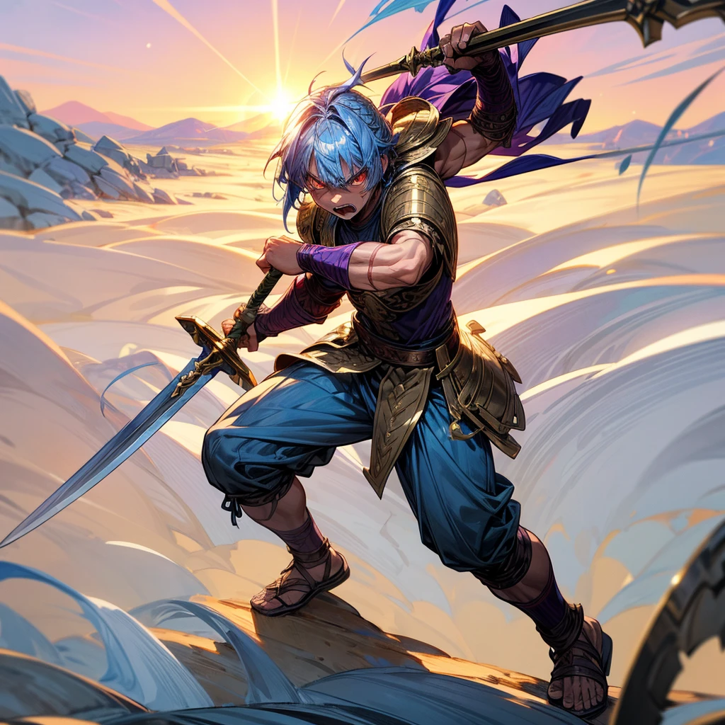 1boys orc, Full body version, red eyes, purple colour skins, angry eyes, cut hair, blue colour hair, angry expression, ancient greek clothing, gladiator sandals, Rapier gold sword in hand, small shield gold, gold armor vest, Grassroots background in snow, sunlight, sun, Sun silhouette, sun glare, smoke, background clutter, damage, war gesture 