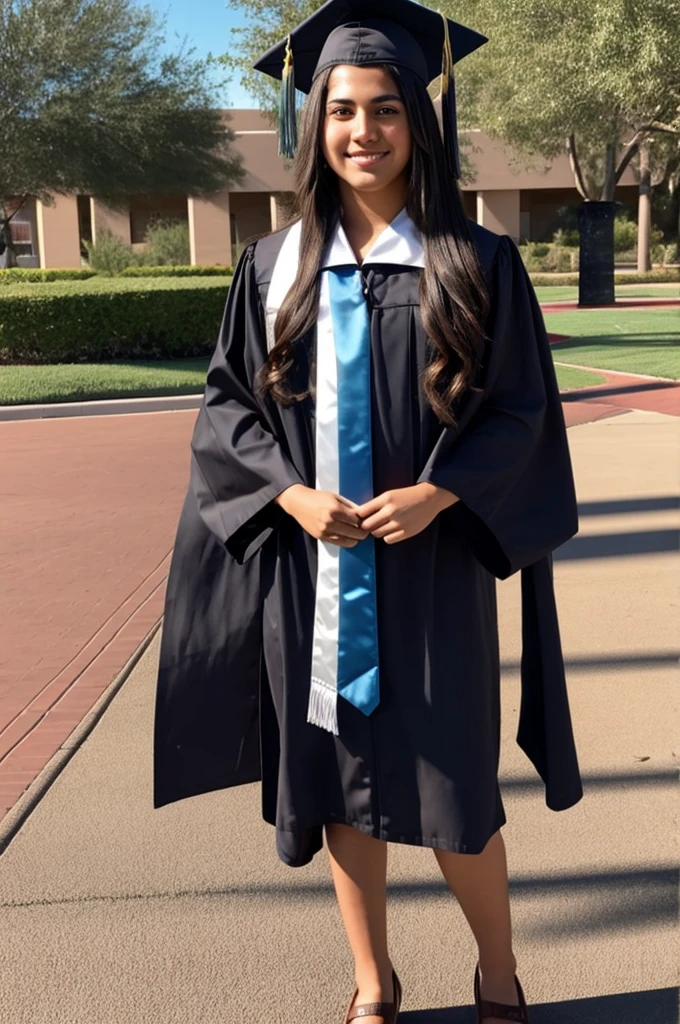 age 25, long hair, hispanic, brown eyes, full body, conservative clothing, intelligent, realistic, at graduation holding a degree from university of arizona
