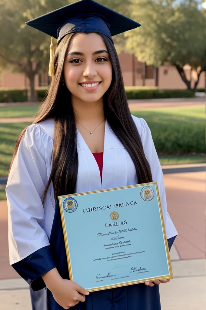 age 25, long hair, hispanic, brown eyes, full body, conservative clothing, intelligent, realistic, at graduation holding a degree from university of arizona