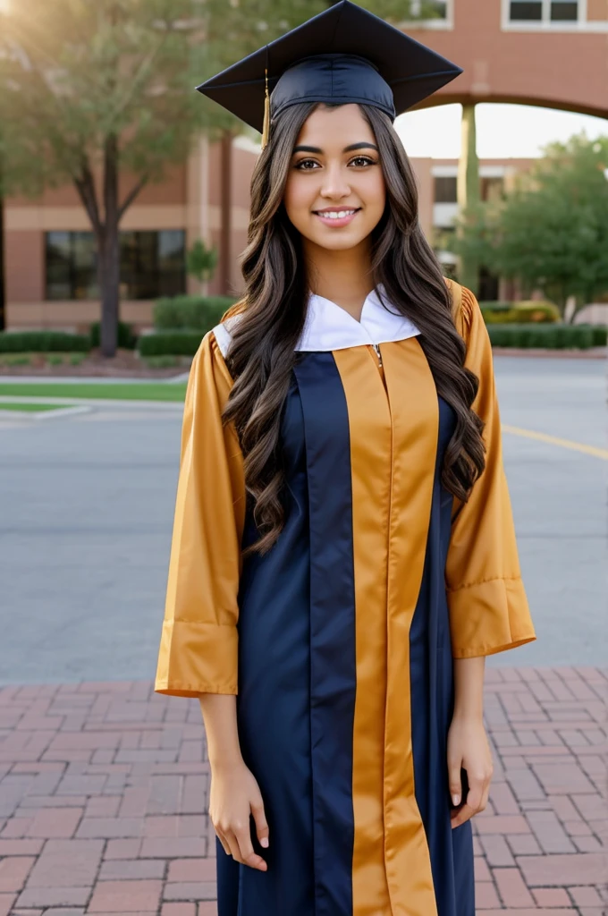 age 25, long hair, hispanic, brown eyes, full body, conservative clothing, intelligent, realistic, at graduation holding a degree from university of arizona