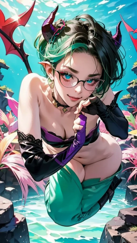 8k, masterpiece, best quality, highly detailed, 1 girl, tiefling, warlock, multicolored hair, very short straight hair green highlight hair on white hair, strippled hair, wearing glasses, round glasses, earrings, red eyeshadow, long eyelashes,navel piercing, blushed cheek, necklace, collarbone, mole, glamorous, purple and teal clothing, villainy, smirk, seductive face, fullbody view, rings, looking at viewer, swimming, demon horns, solo, hand touching cheek, underwater, black lace gloves.