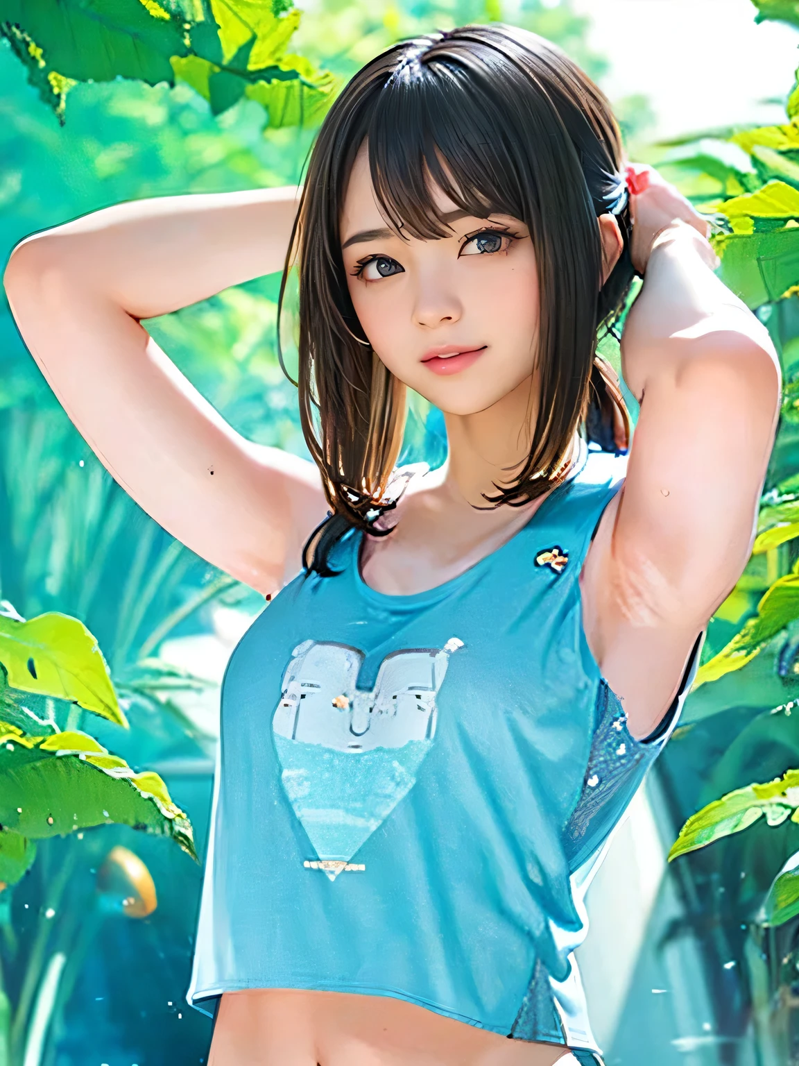 1girl, woman, 20 years old woman, girl in summer clothes, beautiful, medium breasts, flirtatious look, ((very detailed)), photorealistic image, high res, ((tanktop jersey:1.78)), looking at viewer:1.8, (1girl eyes looking at viewer:1.55), camisole, Plain costumes, Simple Background, Emphasis on the chest, Hands behind the body, White outfit, whole body, Raise your arms and show your armpits, show your armpits, hands behind head, photorealistic, (bokeh), best quality, 8k, UHD