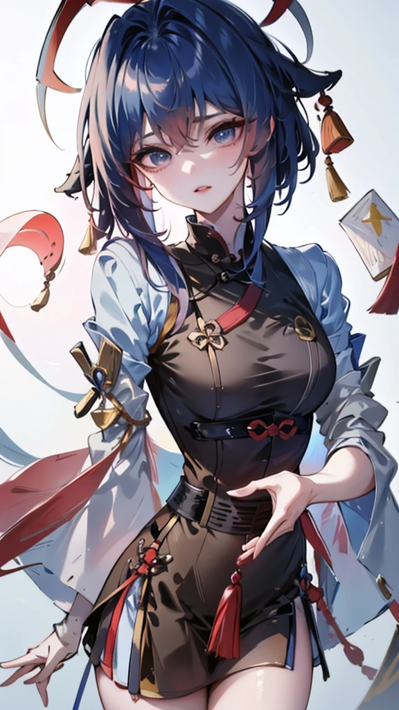 Masterpiece, Best quality, 1 Tang Wu Tong, the expression is cold, strong, blue eyes, short hair, wolfcut hairstyle, smoky mix blue color hair, resolute eyes, red lips, simple Taoist Taoist uniform, Chinese mix morden, frontal photo, black or white background, simple background, anime, illustration, hafl body, Chinese style short-sleeved shirt, cool girl