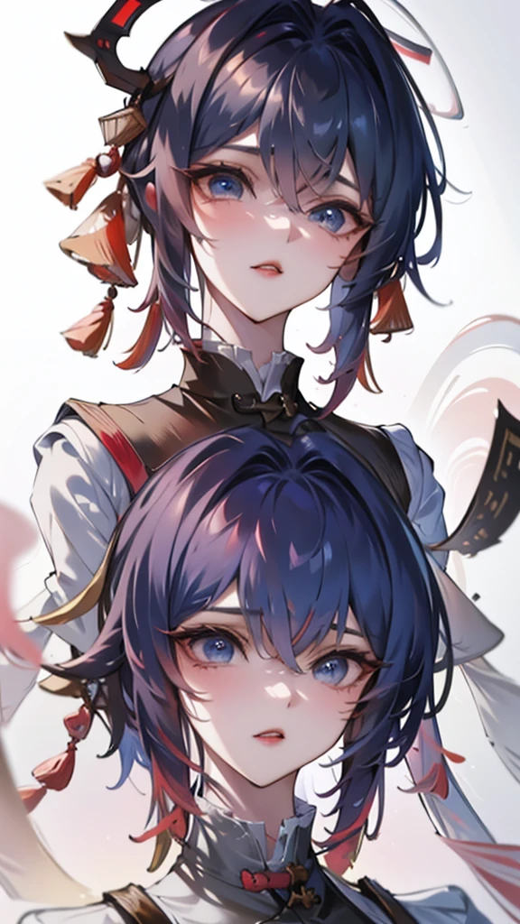 Masterpiece, Best quality, 1 Tang Wu Tong, the expression is cold, strong, blue eyes, short hair, wolfcut hairstyle, smoky mix blue color hair, resolute eyes, red lips, simple Taoist Taoist uniform, Chinese mix morden, frontal photo, black or white background, simple background, anime, illustration, hafl body, Chinese style short-sleeved shirt, cool girl