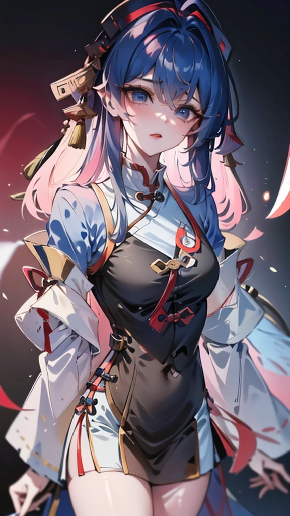 Masterpiece, Best quality, 1 Tang Wu Tong, the expression is cold, strong, blue eyes, short hair, wolfcut hairstyle, smoky mix blue color hair, resolute eyes, red lips, simple Taoist Taoist uniform, Chinese mix morden, frontal photo, black or white background, simple background, anime, illustration, hafl body, Chinese style short-sleeved shirt, cool girl