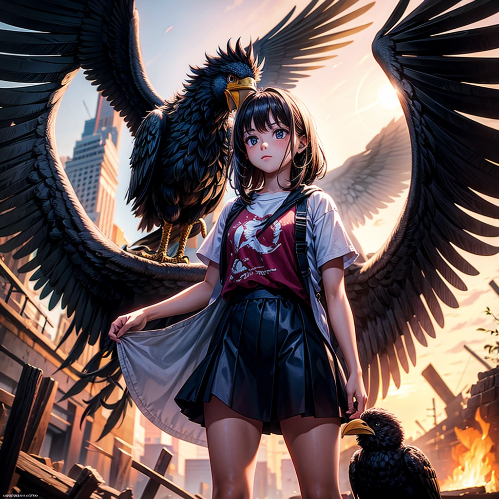 A young girl and a big bird in hell