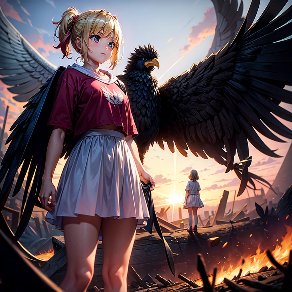 A young girl and a big bird in hell 