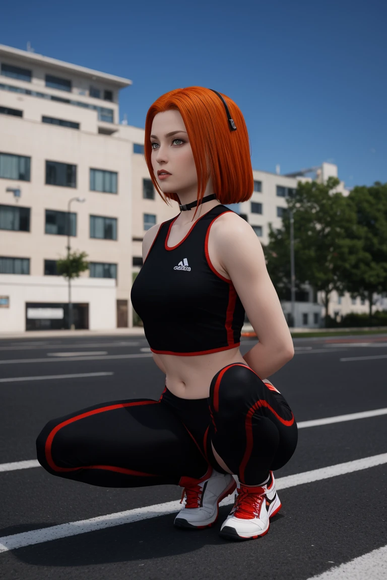Mindnight moonlight casts a cold glow on the Saint Petersburg residential area as a Russian redhead Gopnik woman, clad in a sleek Adidas sports suit, assumes a powerful squat pose against a backdrop of modern apartment buildings and tree-lined streets. The vibrant colors of her outfit pop against the muted tones of the urban landscape. short hair, rayneclassic