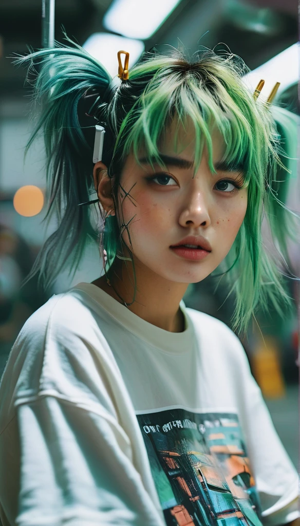 1girl, idol, close-up, collarbone,  ,, photo, film, depth of field, skin texture, t-shirt, ripped pencil jeans, rubber band, topknot, long hair, messy hair, freckles, In the room, blush, focus on face, bangs, hair circle, green hair Futuristic cities、TOKYOcty、empty mechanical car、natta、Numerous cyborgs fighting surrounded by creepy cyborg DNAt."."agnes cecile, Written by Andre Masson, Francis Bacon, 4K, intrincate details, Attention to detail, awardwinning, 8K, crisp quality, hyper realisitic, Exquisite craftsmanship, nffsw, masutepiece, Lusciousness, Mesmeric, Dreamy, Eye-catching, Irresistible, Fascinating, Glorious, divine, Pretty, excellent, Gorgeous, Very cute, Adorable, classy, Stunning, water color, painting, artwork, beautiful girl