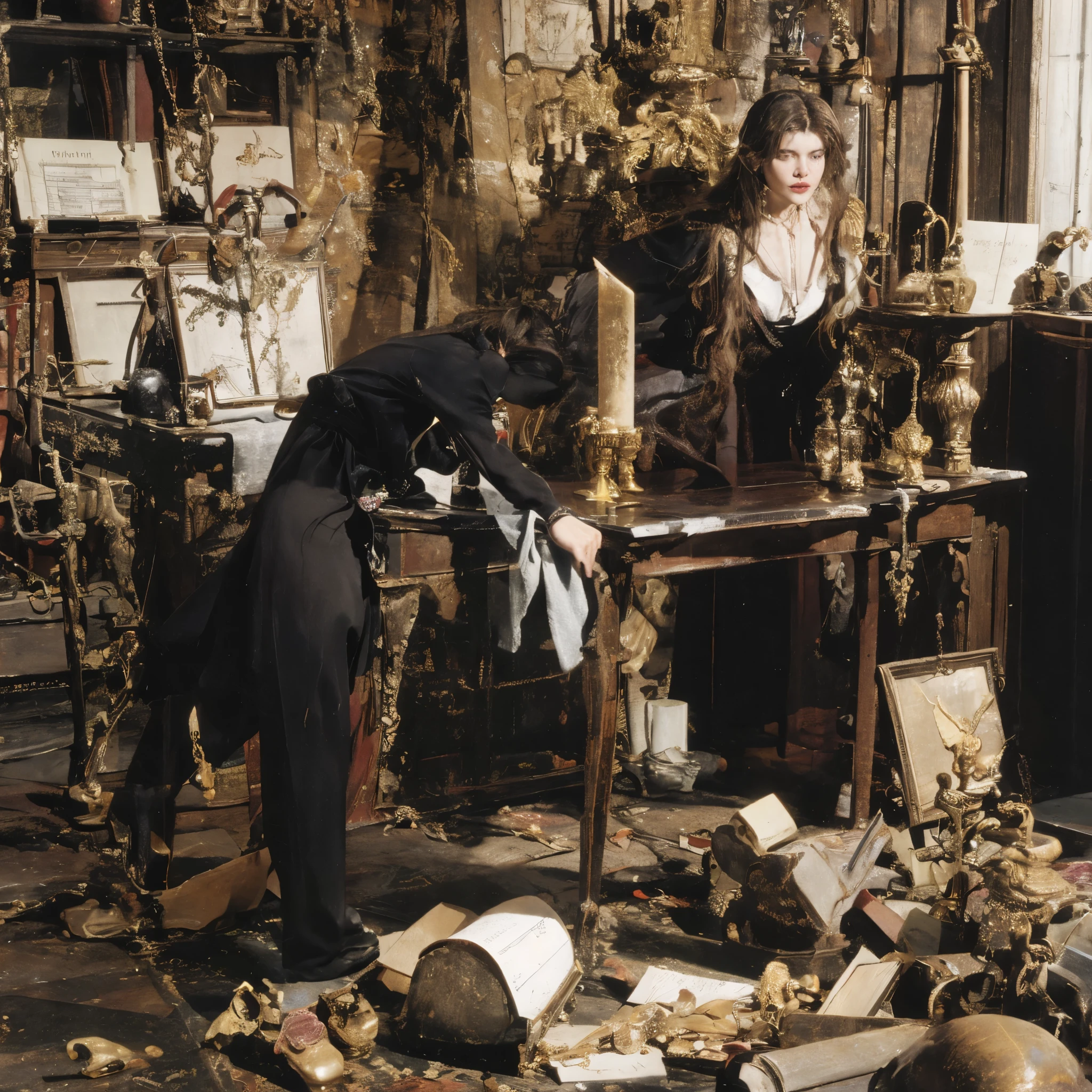 There is a woman sitting at a table with a lot of objects - SeaArt AI