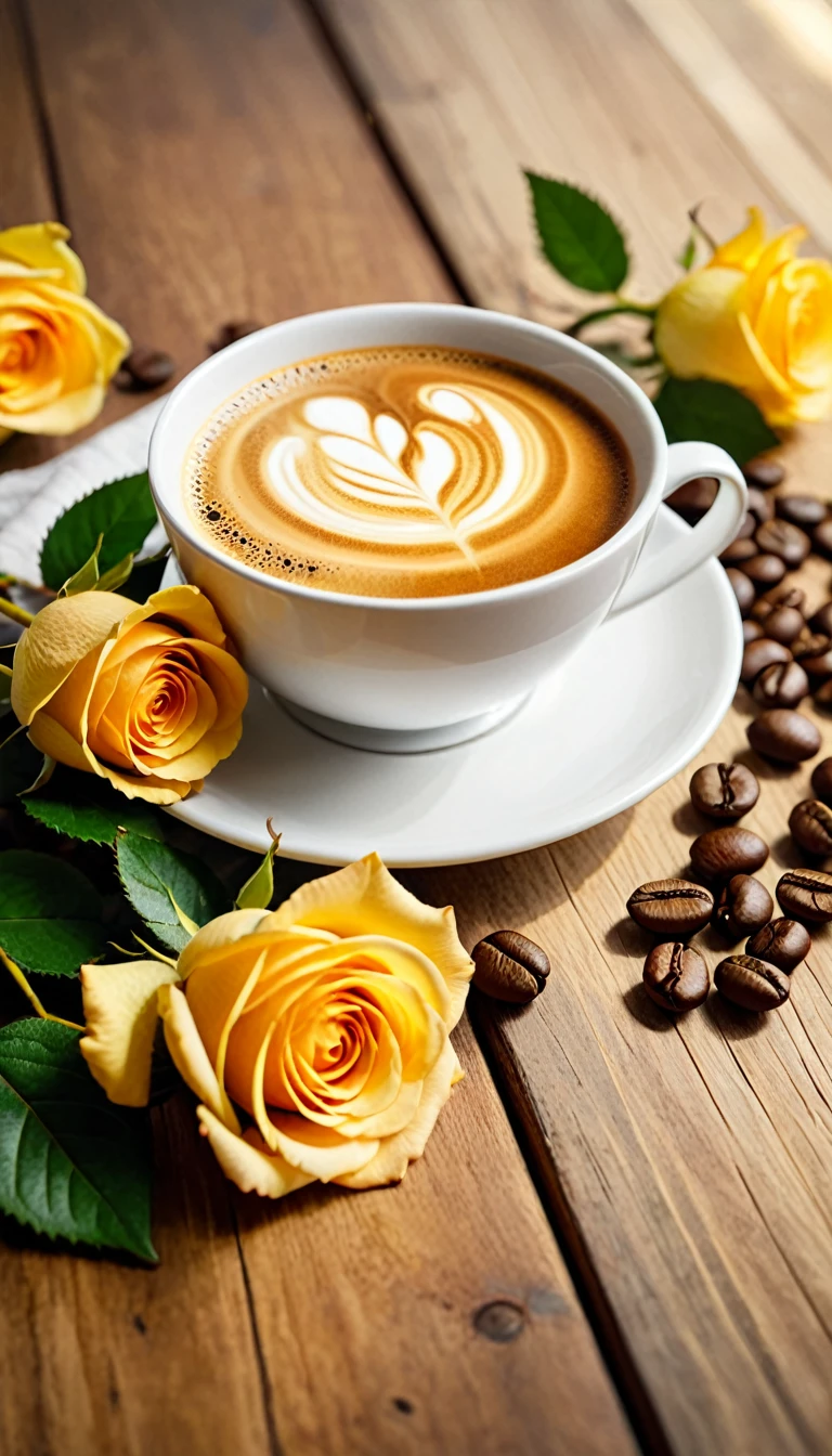 Best still life composition(best quality,4K,8K,high resolution,masterpiece:1.2),Super detailed,(Practical,photoPractical,photo-Practical:1.37),Coffee smoking slightly in white ceramic cup.Artist coffee impression.Clear white gauze texture，Wrinkles arranged randomly...Sophisticated and elegant.A bouquet of bright yellow roses laid flat from above(Lying flat on the table)..Fresh coffee beans on a modern wooden bench.Core and Texture. Freshness and flavor.Super detailed.（super quality，Super detailed，Super complex，Extremely complex）Soft and natural light and shadow.Reverse fragrance.No humans.Ultra wide angle, (Detailed texture),Background covered with film grain, Natural soft lighting,(Morning Scene.warm sunshine in the morning)Ray tracing, Vignette, Wide-angle lens, Ultra wide angle, best qualitycinematic lighting, Depth of Field, Outside the border, Negative Space, Letterbox header image