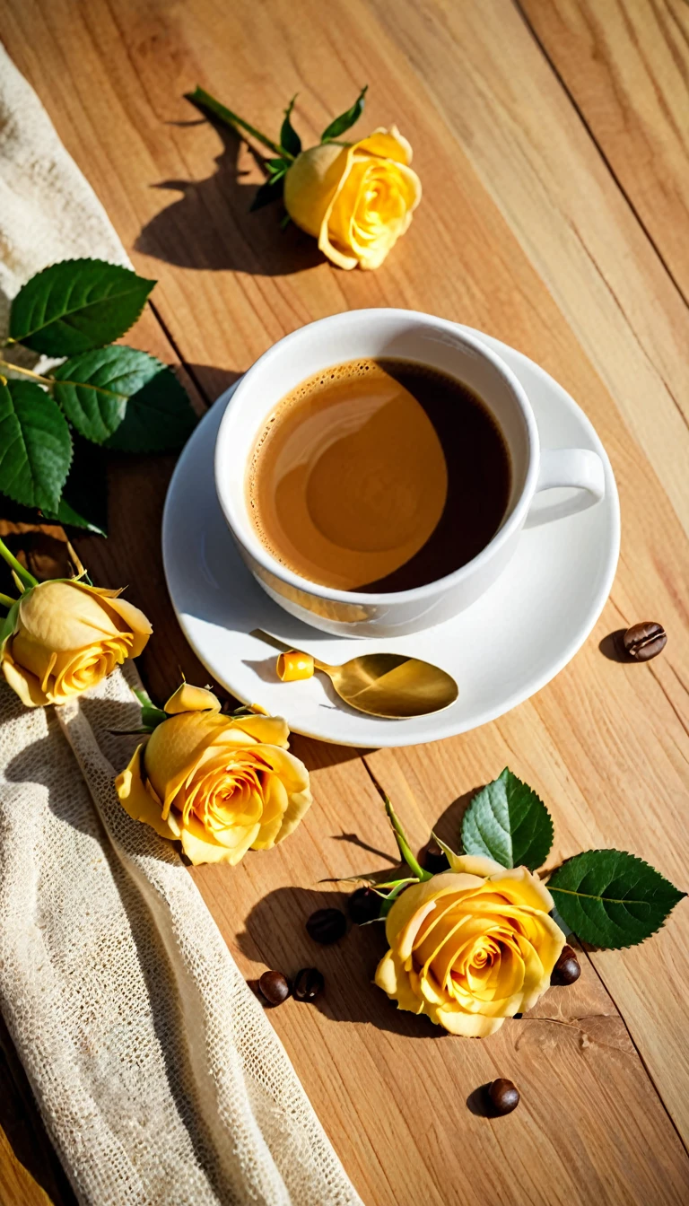 Best still life composition(best quality,4K,8K,high resolution,masterpiece:1.2),Super detailed,(Practical,photoPractical,photo-Practical:1.37),Coffee smoking slightly in white ceramic cup.Artist coffee impression.Clear white gauze texture,Wrinkles arranged randomly...Sophisticated and elegant.A bouquet of bright yellow roses laid flat from above(Lying flat on the table)..Fresh coffee beans on a modern wooden bench.Core and Texture. Freshness and flavor.Super detailed.(super quality,Super detailed,Super complex,Extremely complex)Soft and natural light and shadow.Reverse fragrance.No humans.Ultra wide angle, (Detailed texture),Background covered with film grain, Natural soft lighting,(Morning Scene.warm sunshine in the morning)Ray tracing, Vignette, Wide-angle lens, Ultra wide angle, best qualitycinematic lighting, Depth of Field, Outside the border, Negative Space, Letterbox header image