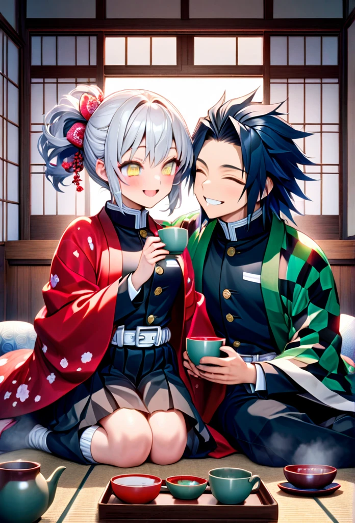 Ultra detailed, high resolution, absurd, HDR, masterpiece, anime girl and boy, beautiful woman (with long white hair with deep red streaks, girl (with yellow eyes), the girl (is wearing a red haori), black demon slayer uniform, Kimetsu No Yaiba, fantasy, beautiful, Tomioka Giyu, Hashira, Tomioka holding a yunomi with tea, couple, romantic, inside a Japanese house, best quality, extremely detailed face, love, romance, anime, they are really in love, they are having fun together, drinking tea, after training they are relaxing having tea together, smiling and laughing, Tomioka is a strong men 