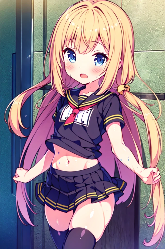 master piace, best quality,ultra hyper-detailed,8K_wall paper,(Beautiful eyes),((a cute)),(Wonderful),(erotick),anime moe art style,1girl in,独奏,,Mini skirt,1girl in,,black har,shirts,Long hair,,Navel,,Small breasts,,(((zettai ryouiki))),Wet T-shirt:1.5,Short sleeves,Open mouth,double tooth,