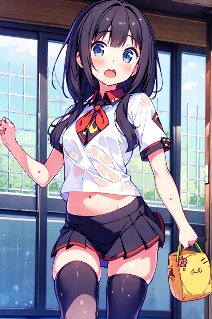 masterpiece, 1girl, (black hair), (braid), (purple eyes), (glasses), (looking at viewer:1.1), (smile), (:d), (Intricate Iris Details:1.2), (blush), (cheerleader), (standing), outdoor, spread arms