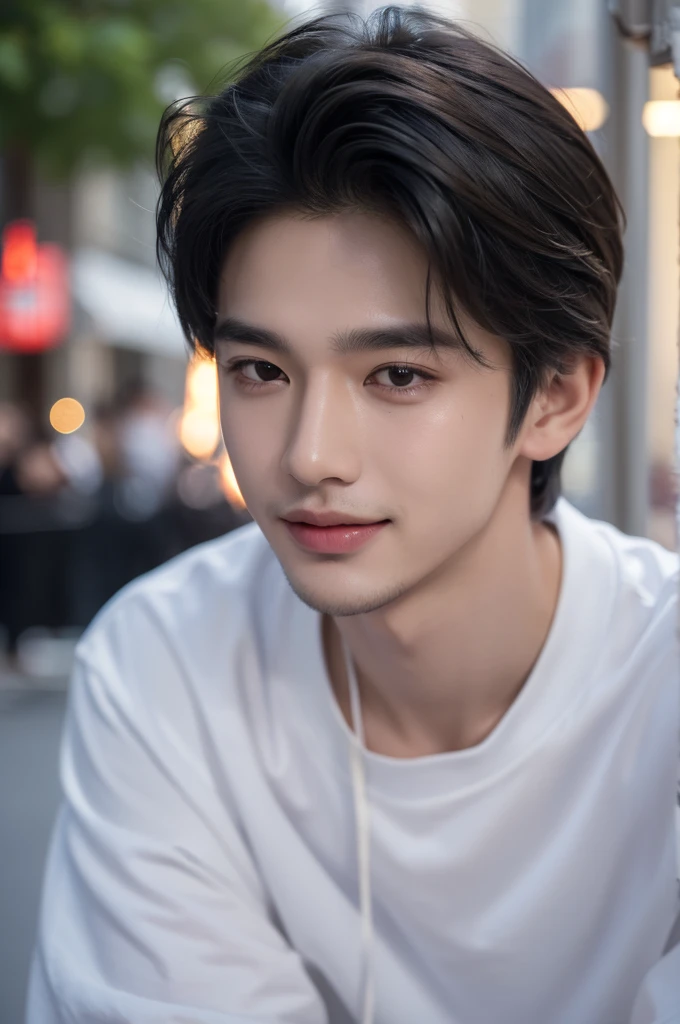 ((highest quality, 8K, masterpiece: 1.3)), New York City、Handsome boy in street fashion:1.5, 28-year-old、Delinquent boy、 well-groomed face, black hair、thin face、(white skin:1.5)、close up shot、black eyes、boy sad、Super handsome、sexy eyes、Extra-fine face, handsome nose, small eyes and face, beautiful lighting, High resolution, detailed mouth, laughing out loud, Laughter、Delighted、whole body: 1.5, perfect body shape、super slim,medium hair、STUSSY clothes、Oversized clothes、same clothes