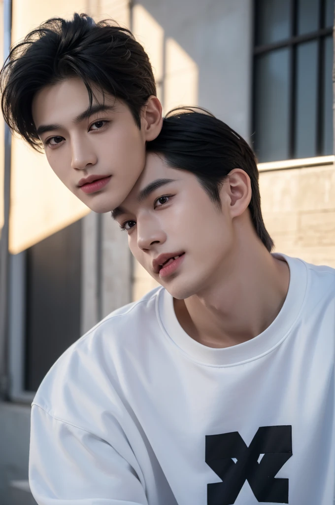 ((highest quality, 8K, masterpiece: 1.3)), New York City、Handsome boy in street fashion:1.5, 28-year-old、Delinquent boy、 well-groomed face, black hair、thin face、(white skin:1.5)、close up shot、black eyes、boy sad、Super handsome、sexy eyes、Extra-fine face, handsome nose, small eyes and face, beautiful lighting, High resolution, detailed mouth, laughing out loud, Laughter、Delighted、whole body: 1.5, perfect body shape、super slim,medium hair、STUSSY clothes、Oversized clothes、same clothes
