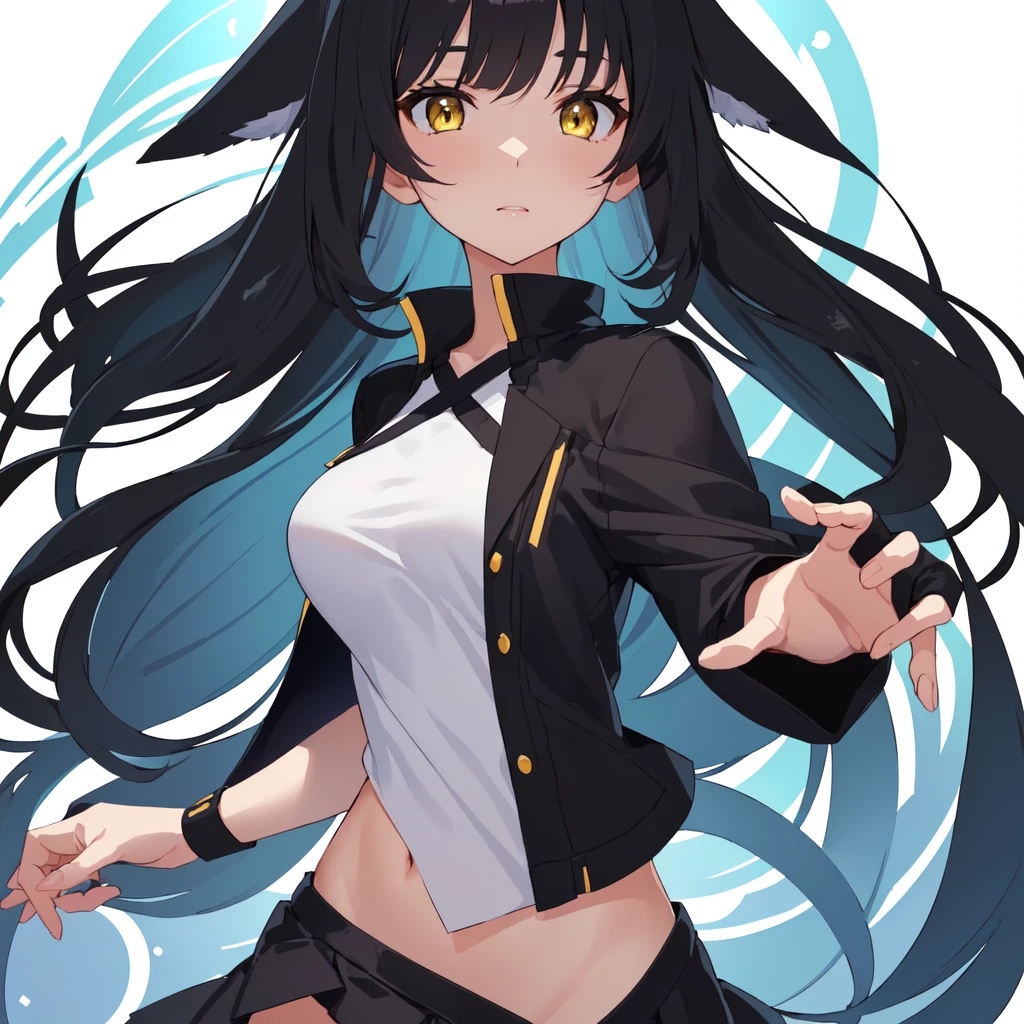 (((12year old))), Long Black Hair, High Ponytail, Bunny ears, Black eyes, Black Tight Top, (((turned around))),ssmile, masutepiece, hiquality