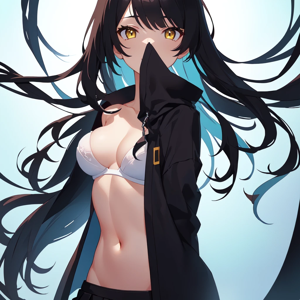 Close-up of woman in short skirt and bra, upper body avatar, Anime proportions, Detailed height of body elements, anime vtuber full body model, Opposite proportion, half body cropping, Full character, middle body image, Height map, full size personality, 2d game avatar upper body, The boy was small, black hair, yellow eyes, completely naked. Revealing male genitals, el ears, sexy figure, straight face, straight body, prisoner background.