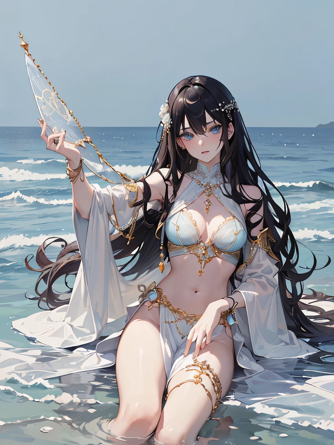 ((dark fantasy)), ((wavy hair, different hair color, pale skin),((light blue eyes)), freckles, warm light,( ),busty,Glamour,Gorgeous,monochromes,erotic posing,Dynamic Posing,Arrange Pose,Dramatic,Cinematic,Detailed background, Dynamic Angle,From the angle of the film,Gothic background, Dark fantastic view,Best Quality,masutepiece,8K,The ultimate detailed dark background, Top image quality、RAW photography、超A high resolution,cropped shoulders, overall look is very erotic、Shot for one person only, model shoot, Large round chest, Beautiful Eyes of Details、Very slender eyes、Beautiful eyelashes、Very slim physique, with blush cheeks,Pearl Beaded Bralet Top, ((pearl top)), opal pearl in hand
