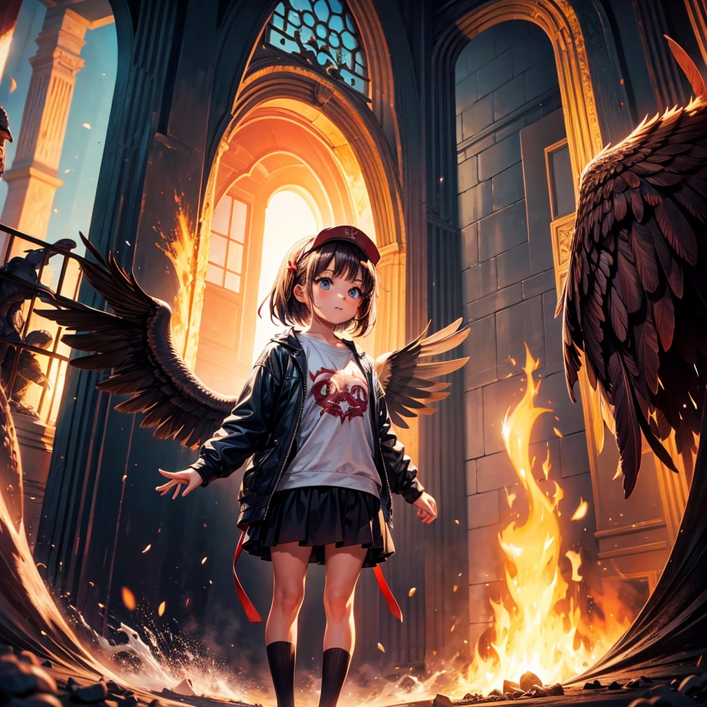A young girl and a big bird in hell